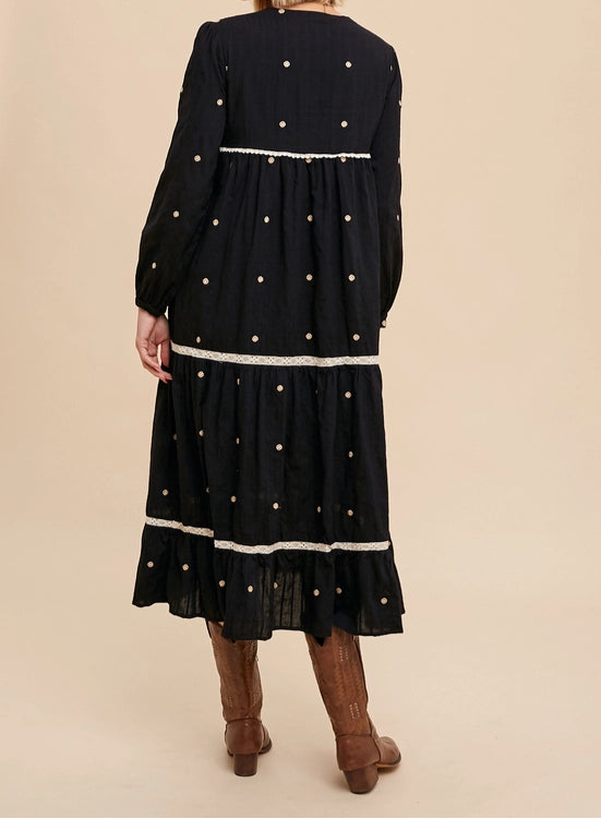 Flower Embroidered Black Midi Dress