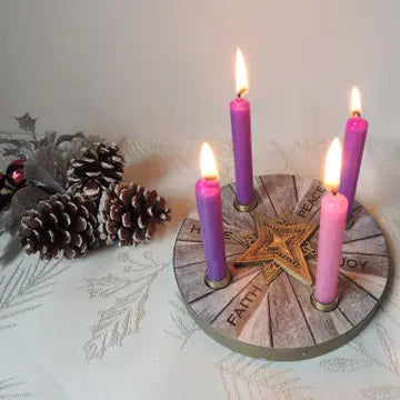 Advent Candle Holder - Mini - Candles Included - Wood - Star Design