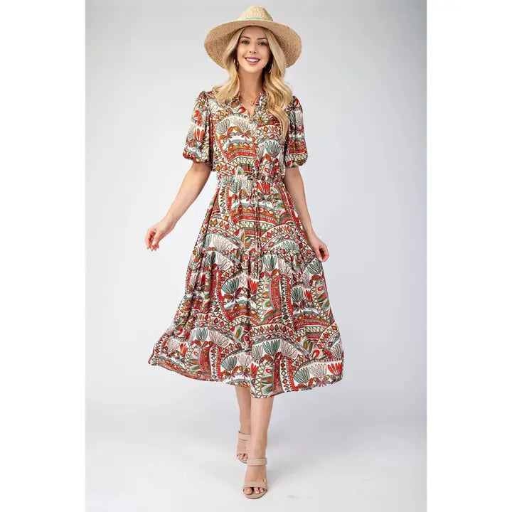 Printed Short Bubble Sleeve Midi Dress with Waist Tie