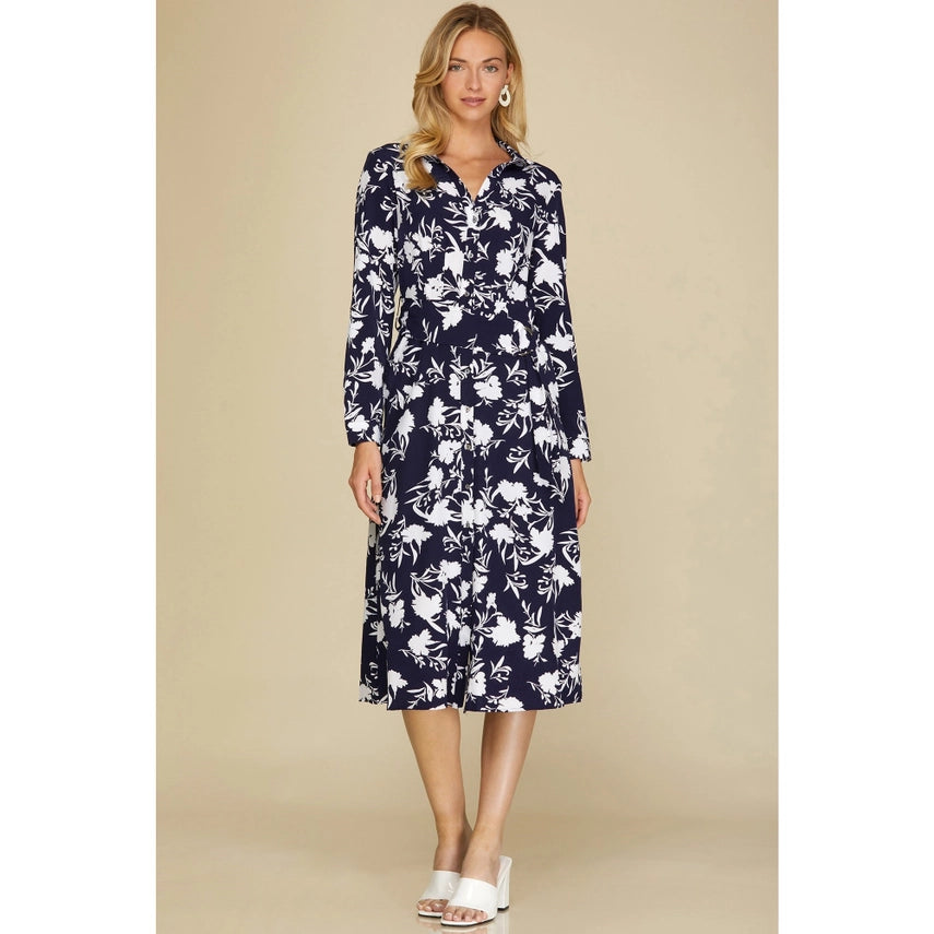 Floral Print Long Roll-Up Sleeve Woven Midi Dress with Belt