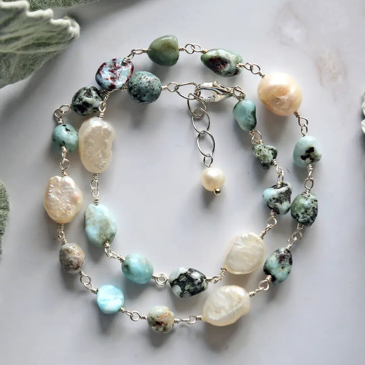 Larimar &amp; Pearl Choker/Bracelet