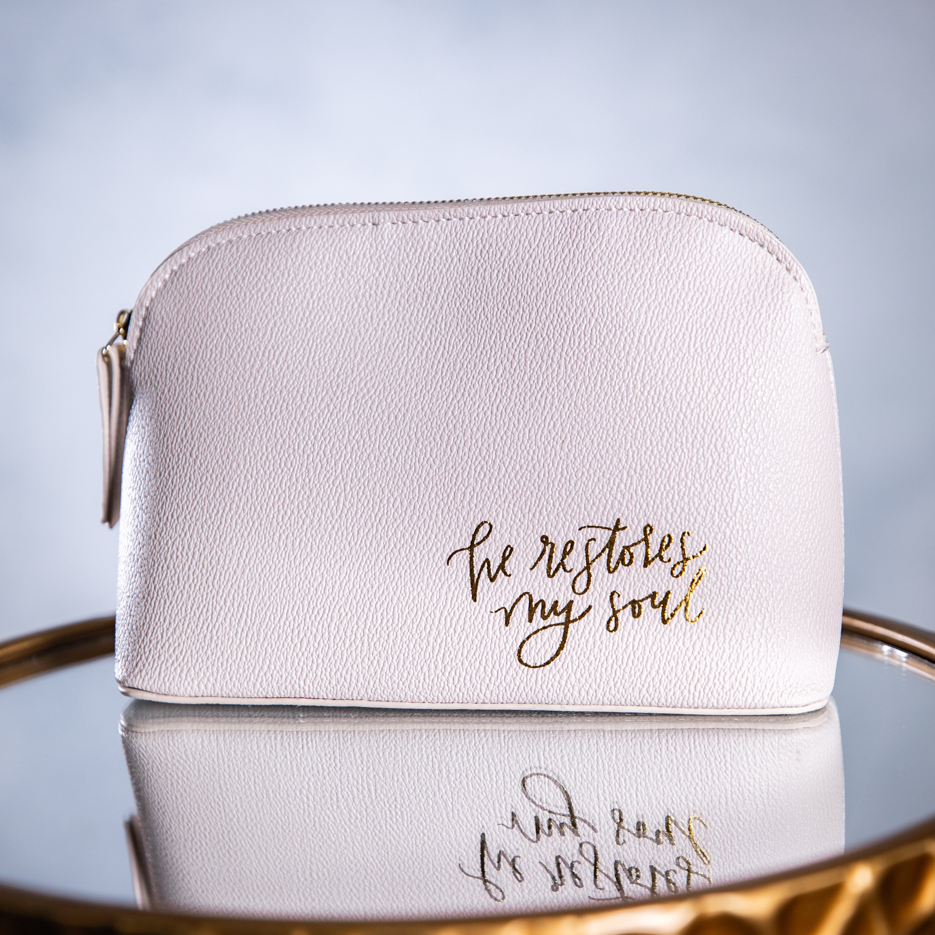 Zipper Pouch - He Restores My Soul - Beige - Gold Lettering