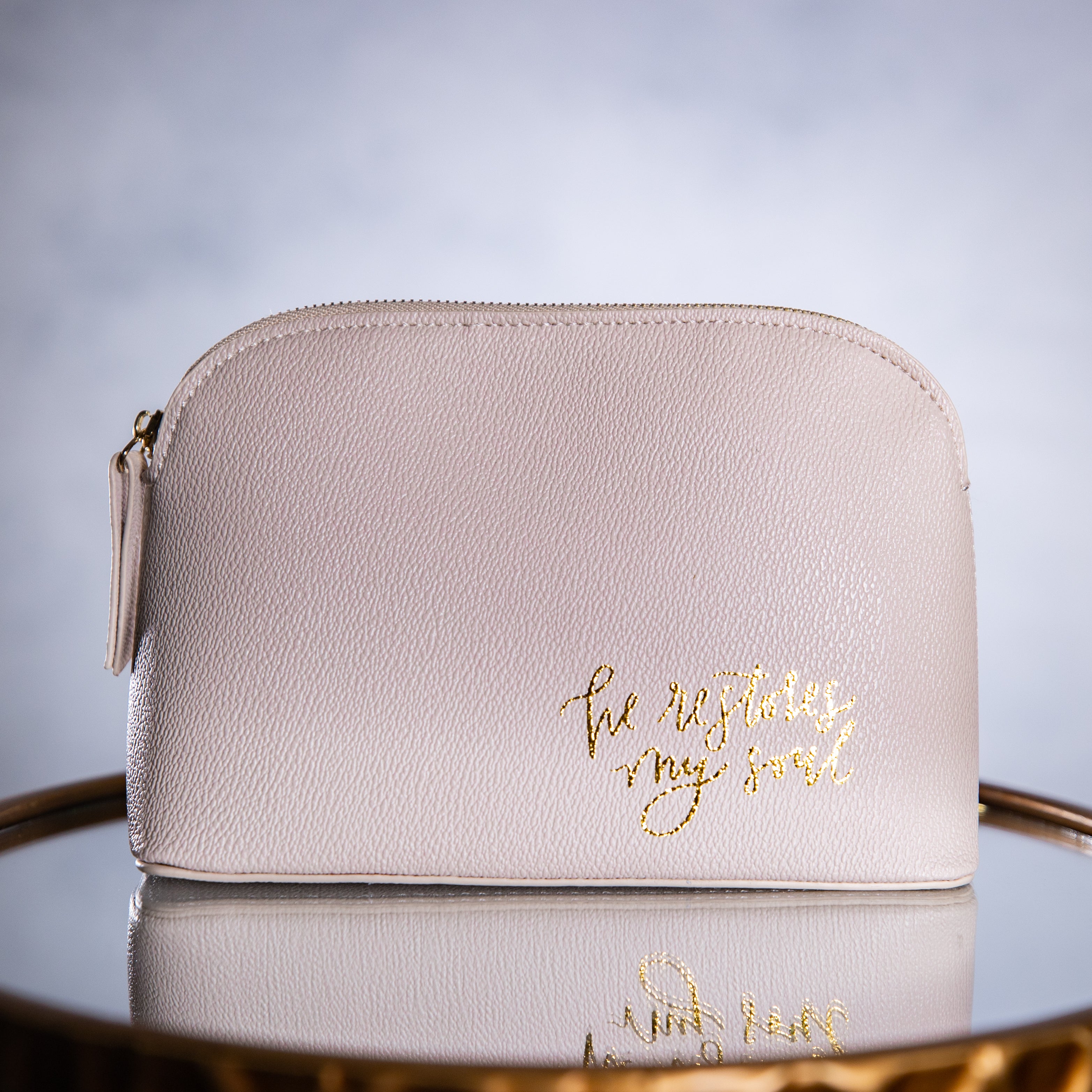 Zipper Pouch - He Restores My Soul - Beige - Gold Lettering