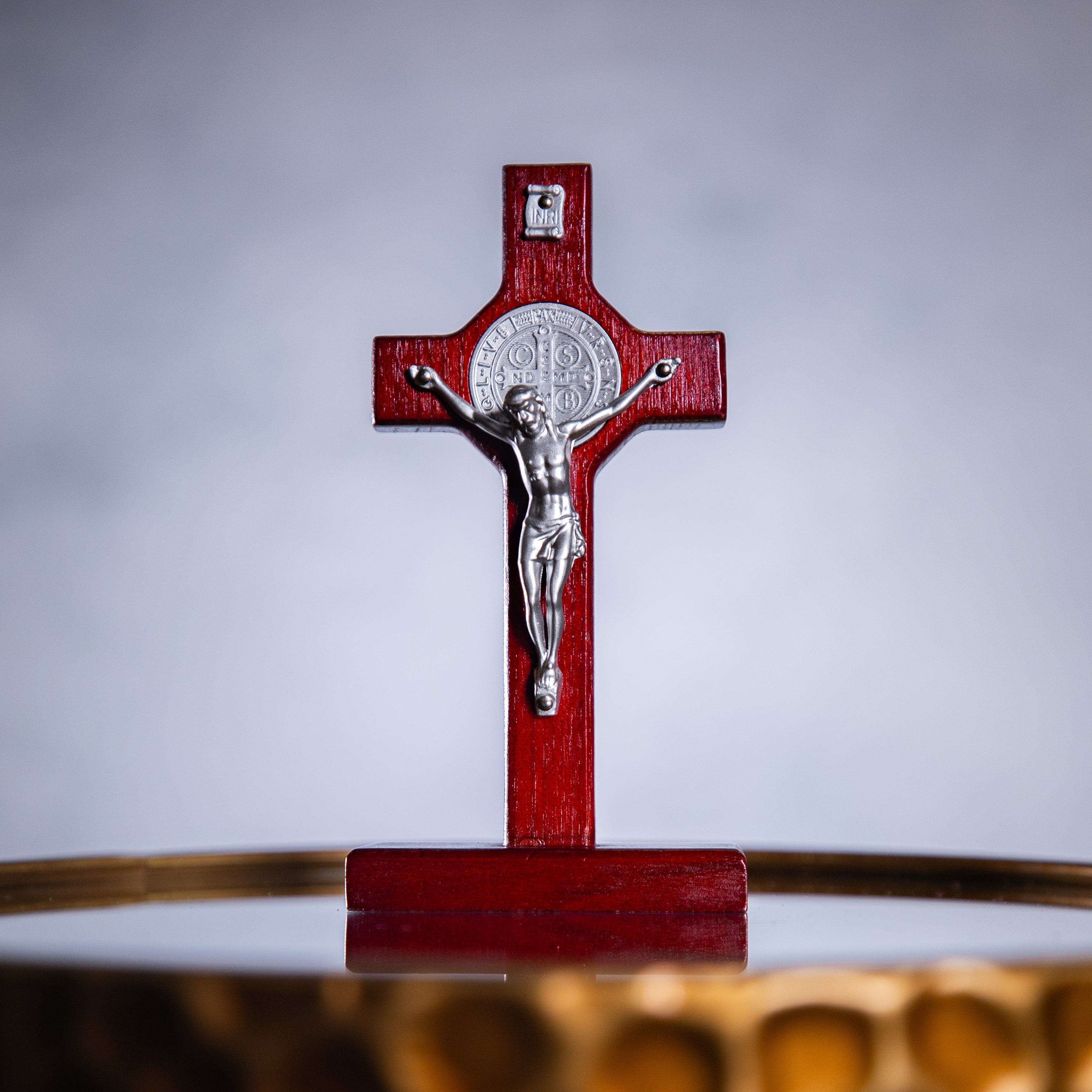 Standing Crucifix - St Benedict w/Silver Corpus - Cherry - 6"