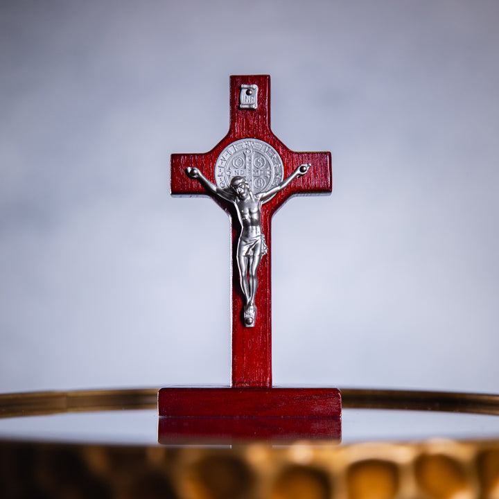 Standing Crucifix - St Benedict w/Silver Corpus - Cherry - 6"