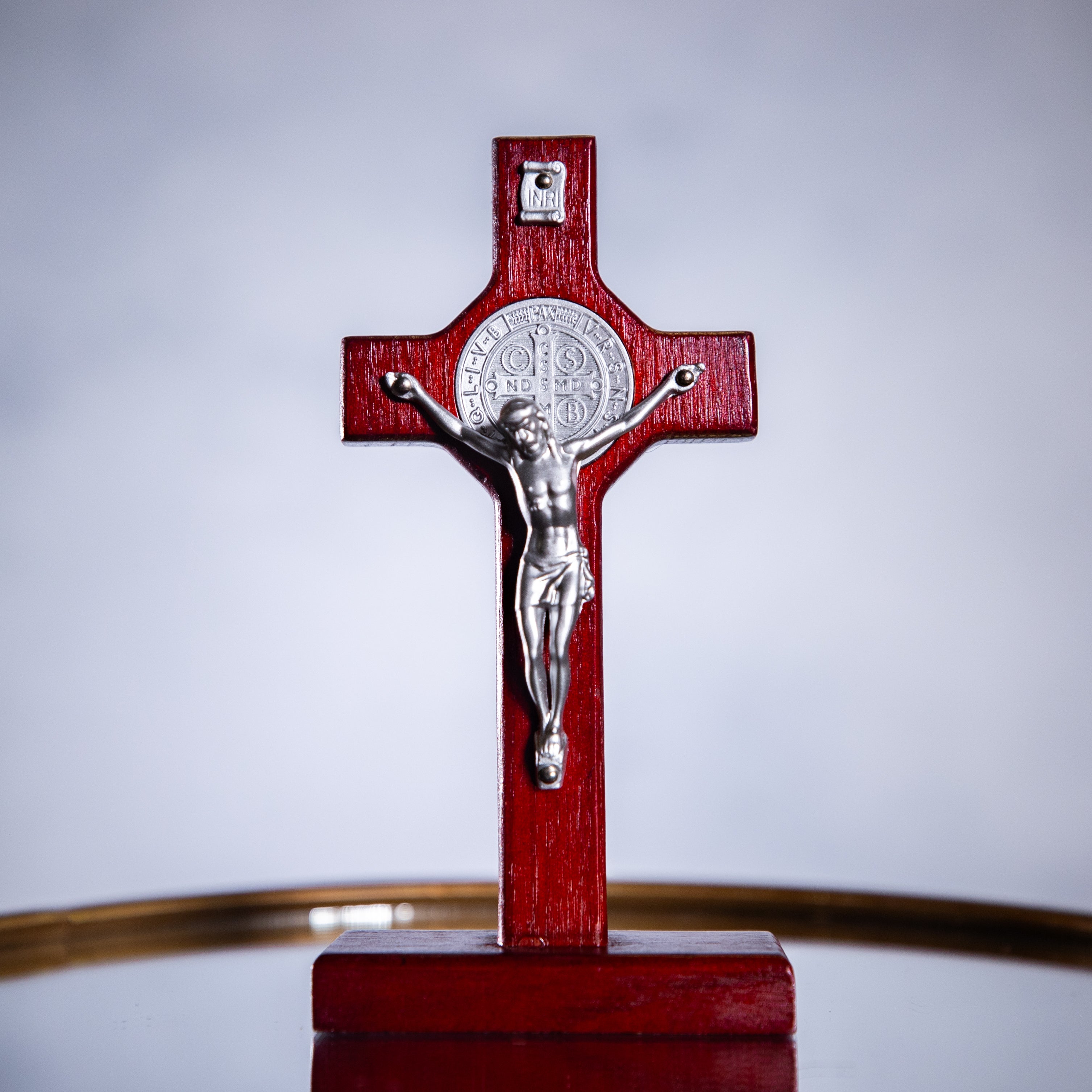 Standing Crucifix - St Benedict w/Silver Corpus - Cherry - 6"