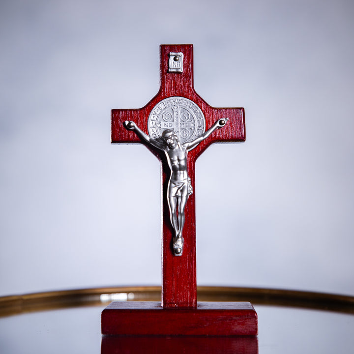 Standing Crucifix - St Benedict w/Silver Corpus - Cherry - 6"