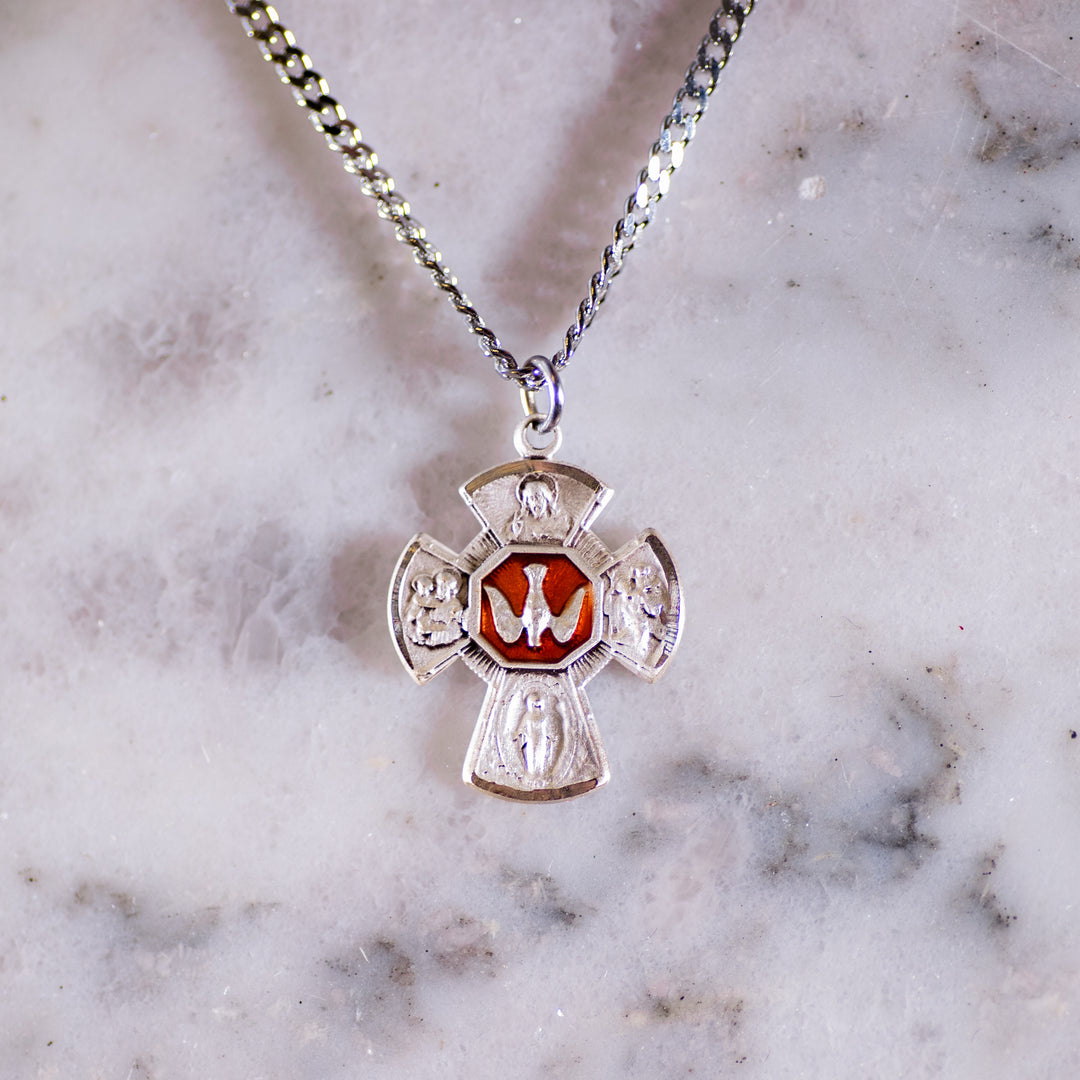 Pendant - 4 Way Cross - Sterling Silver Medal - Red Epoxy - 18" Stainless Steel Chain