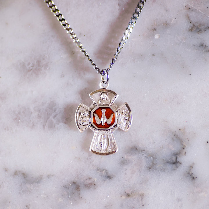 Pendant - 4 Way Cross - Sterling Silver Medal - Red Epoxy - 18" Stainless Steel Chain
