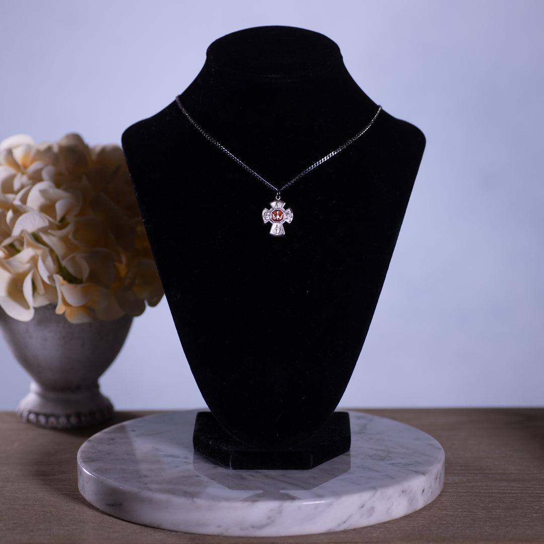 Pendant - 4 Way Cross - Sterling Silver Medal - Red Epoxy - 18" Stainless Steel Chain