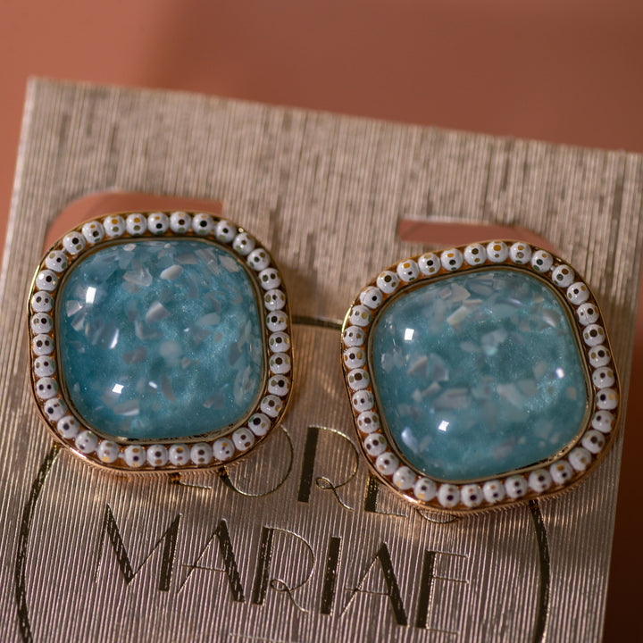 Earrings - Blue - Crushed Shell - Square - Stud