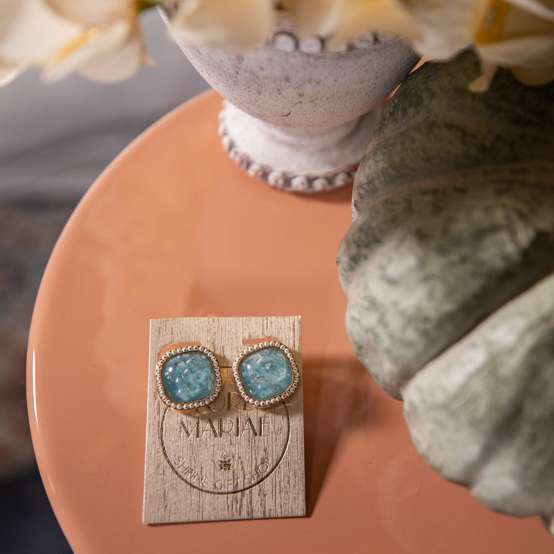 Earrings - Blue - Crushed Shell - Square - Stud