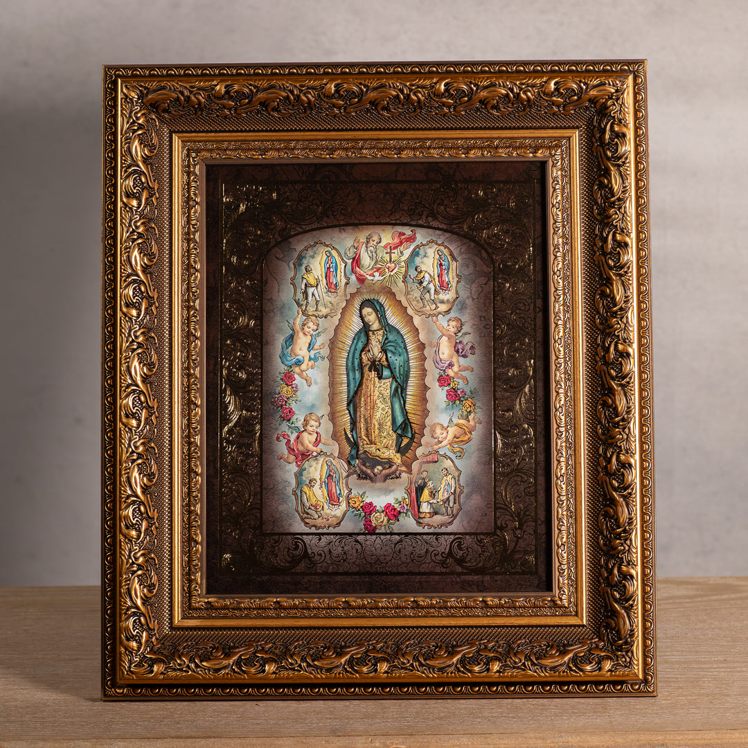 Ornate Gold Leaf Antique Frame Picture of Our Lady of Guadalupe - 8"x10"