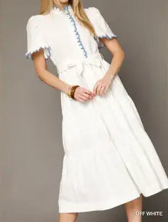 Off White Scalloped Ruffle Midi Dress with Belt Tie