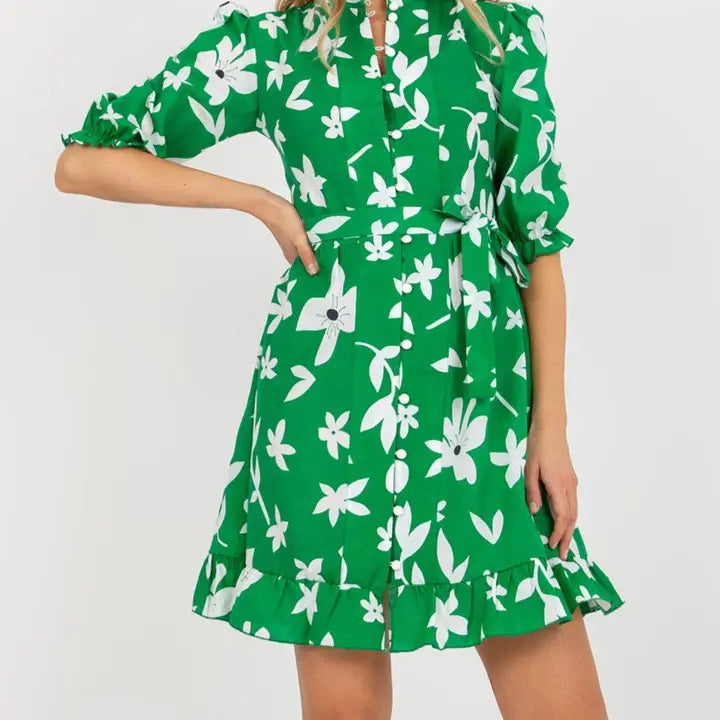 Floral Green and White Puffed Sleeve Dress