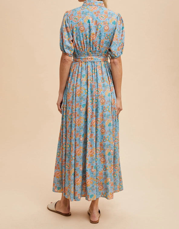 Blue and Orange Floral Button-Down Maxi Dress