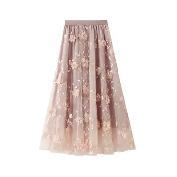 Pink Floral Lace Midi Skirt
