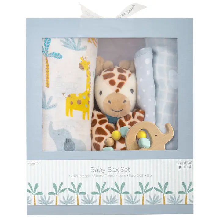 Baby Box Set - Zoo - Swaddle, Teether, Lovie, Burp Cloth, & Bib