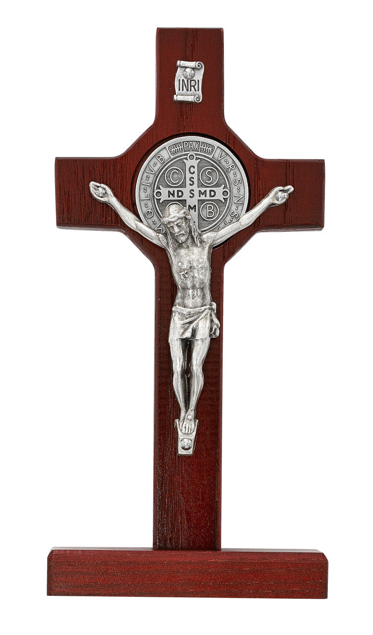 Standing Crucifix - St Benedict w/Silver Corpus - Cherry - 6"