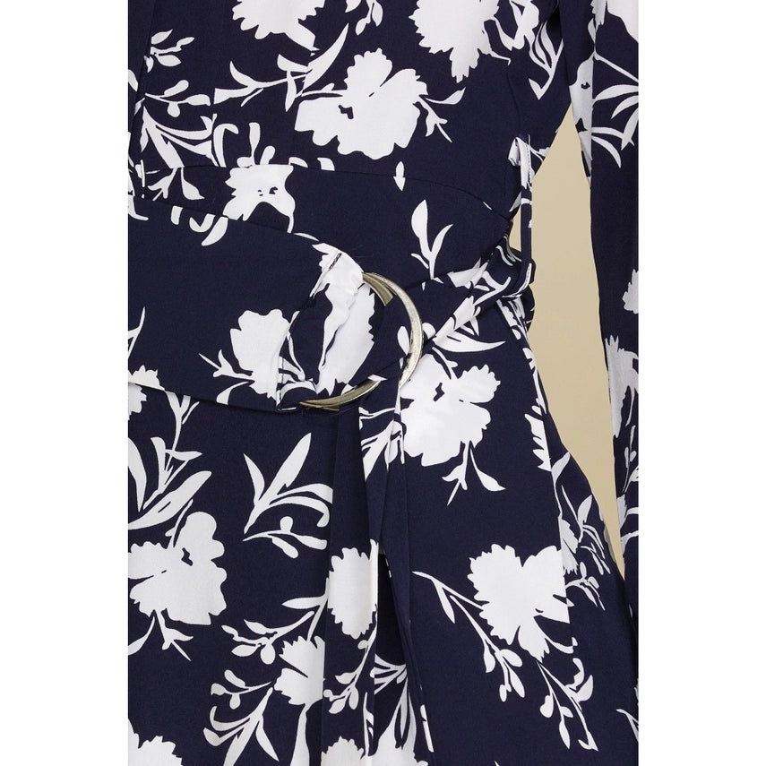 Floral Print Long Roll-Up Sleeve Woven Midi Dress with Belt