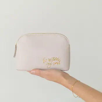 Zipper Pouch - He Restores My Soul - Beige - Gold Lettering