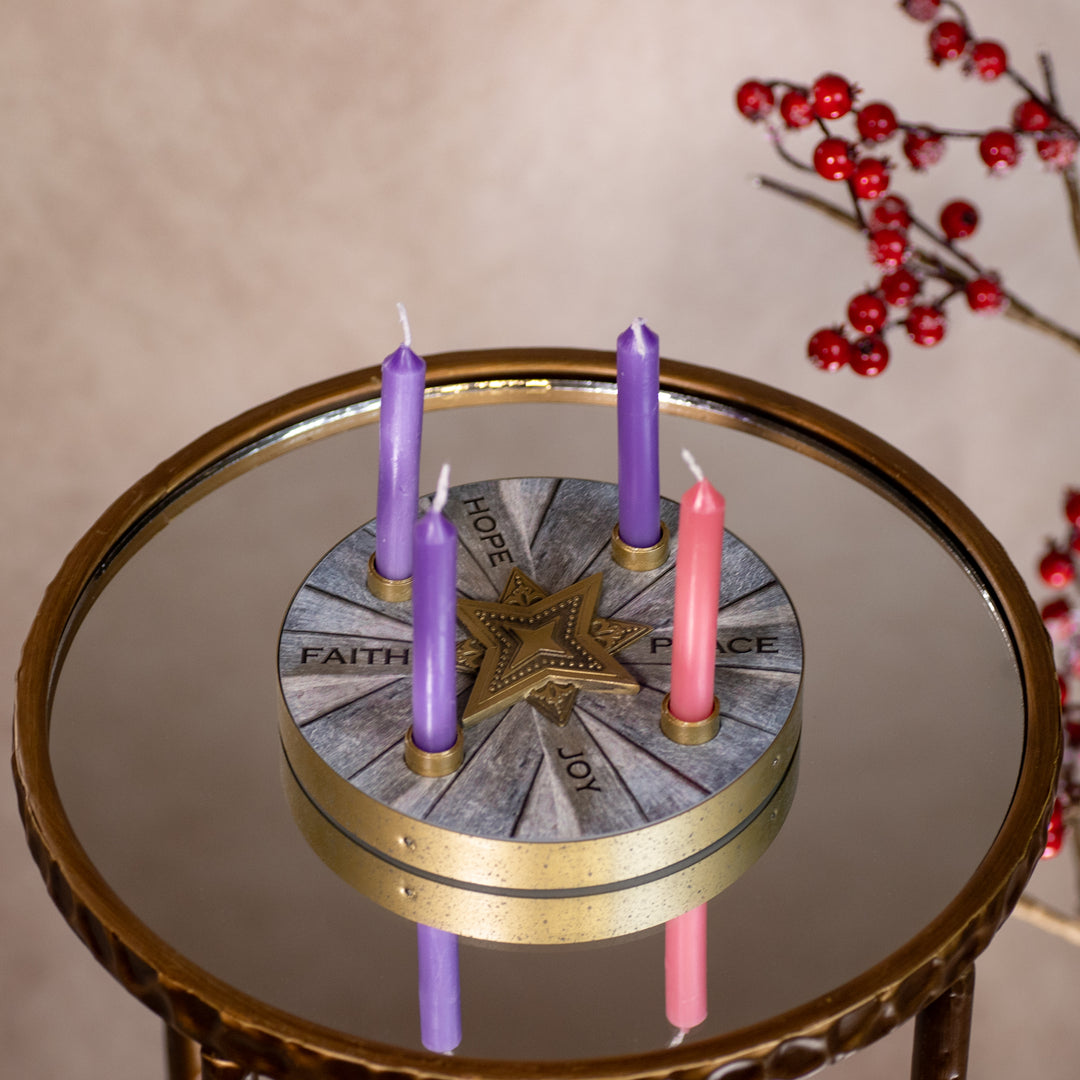 Advent Candle Holder - Mini - Candles Included - Wood - Star Design