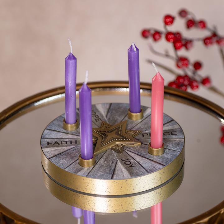 Advent Candle Holder - Mini - Candles Included - Wood - Star Design
