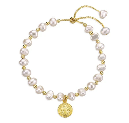 Bracelet - St. Benedict - Freshwater Pearl - Gold over SS