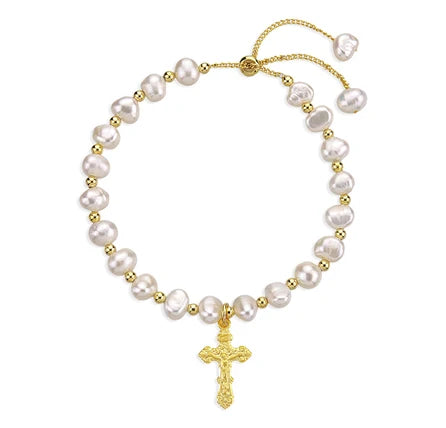 Bracelet - Crucifix - Freshwater Pearl - Gold over SS