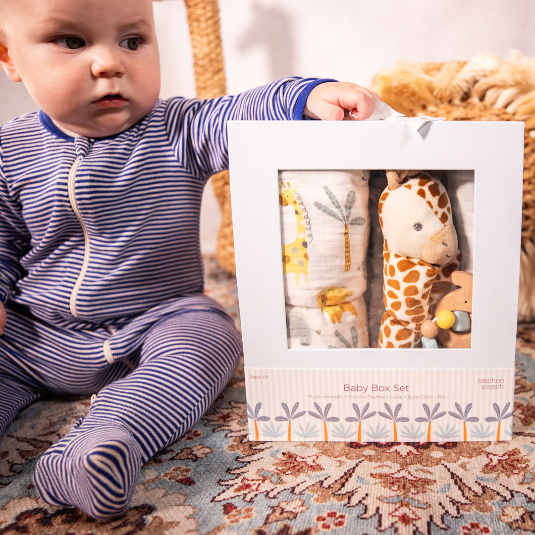 Baby Box Set - Zoo - Swaddle, Teether, Lovie, Burp Cloth, &amp; Bib