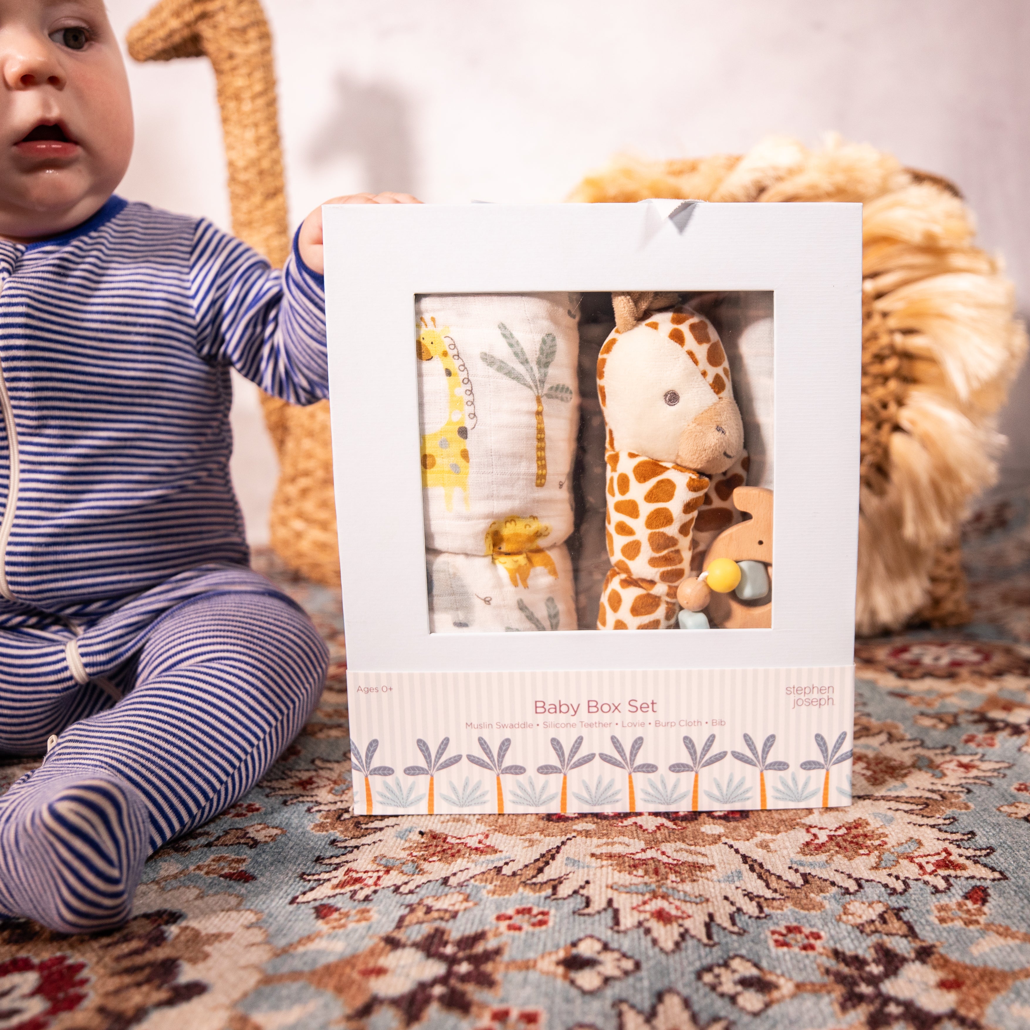 Baby Box Set - Zoo - Swaddle, Teether, Lovie, Burp Cloth, & Bib