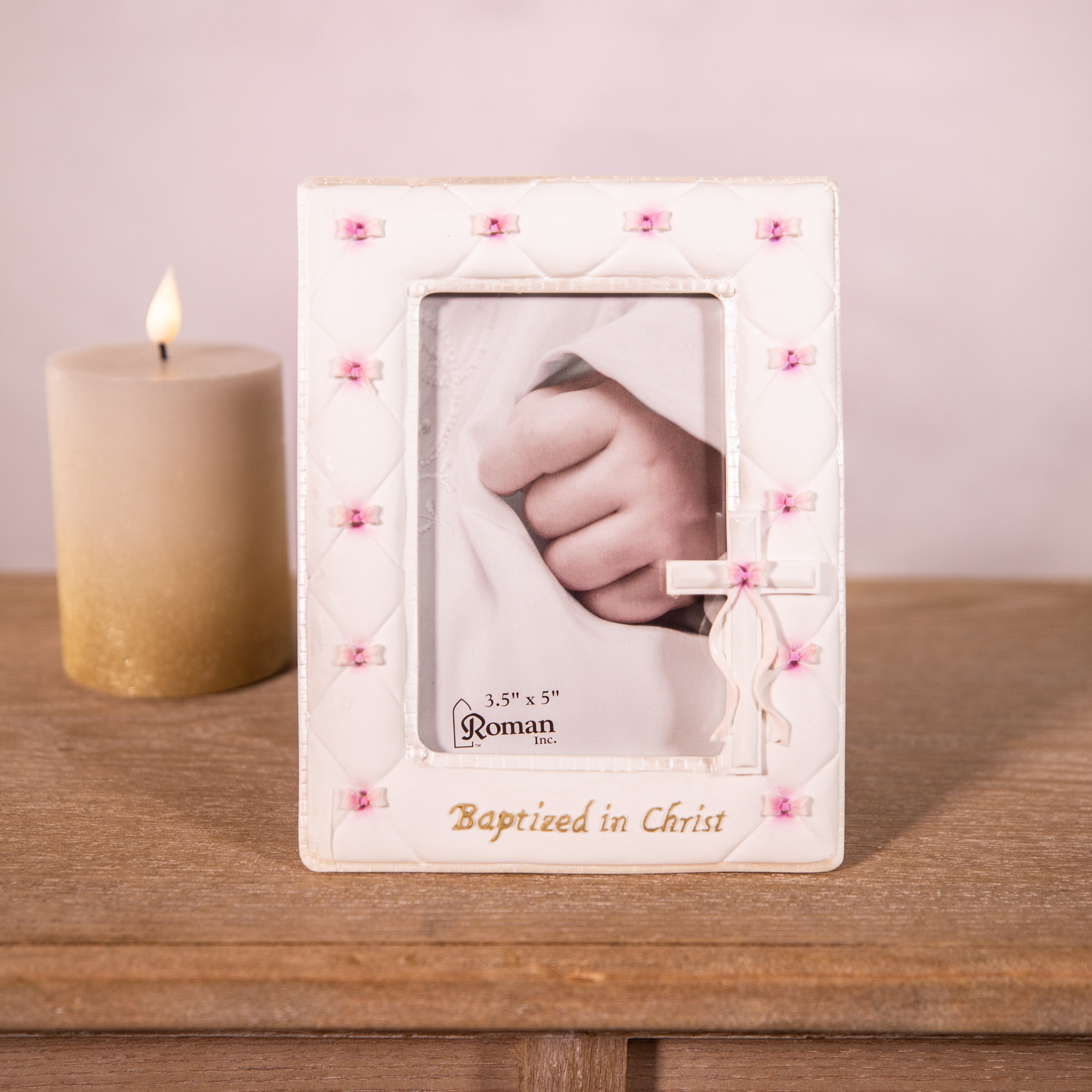 Frame - Baptised in Christ - Pink Bows - 7"H - Fits 3.5x5