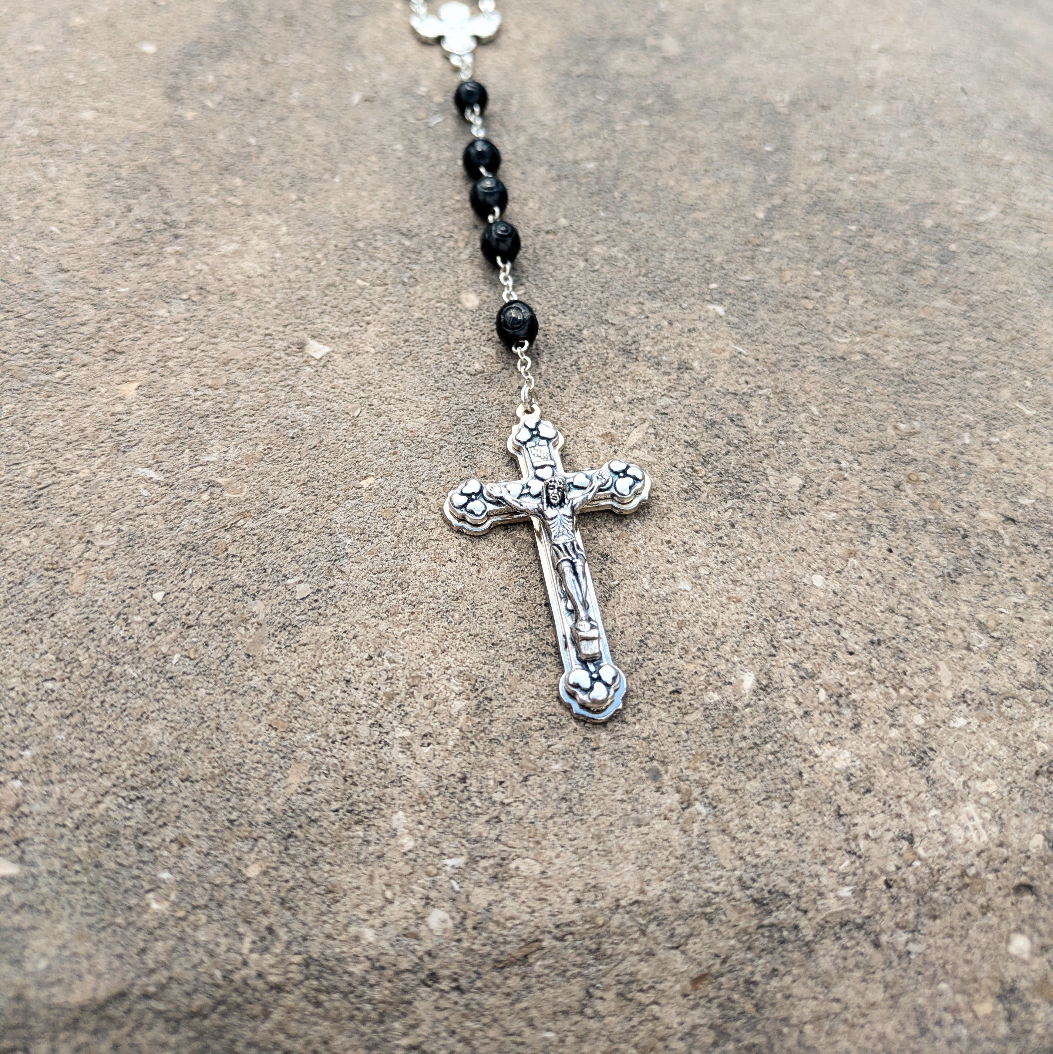 Rosary - Black Wood - Rose Detail