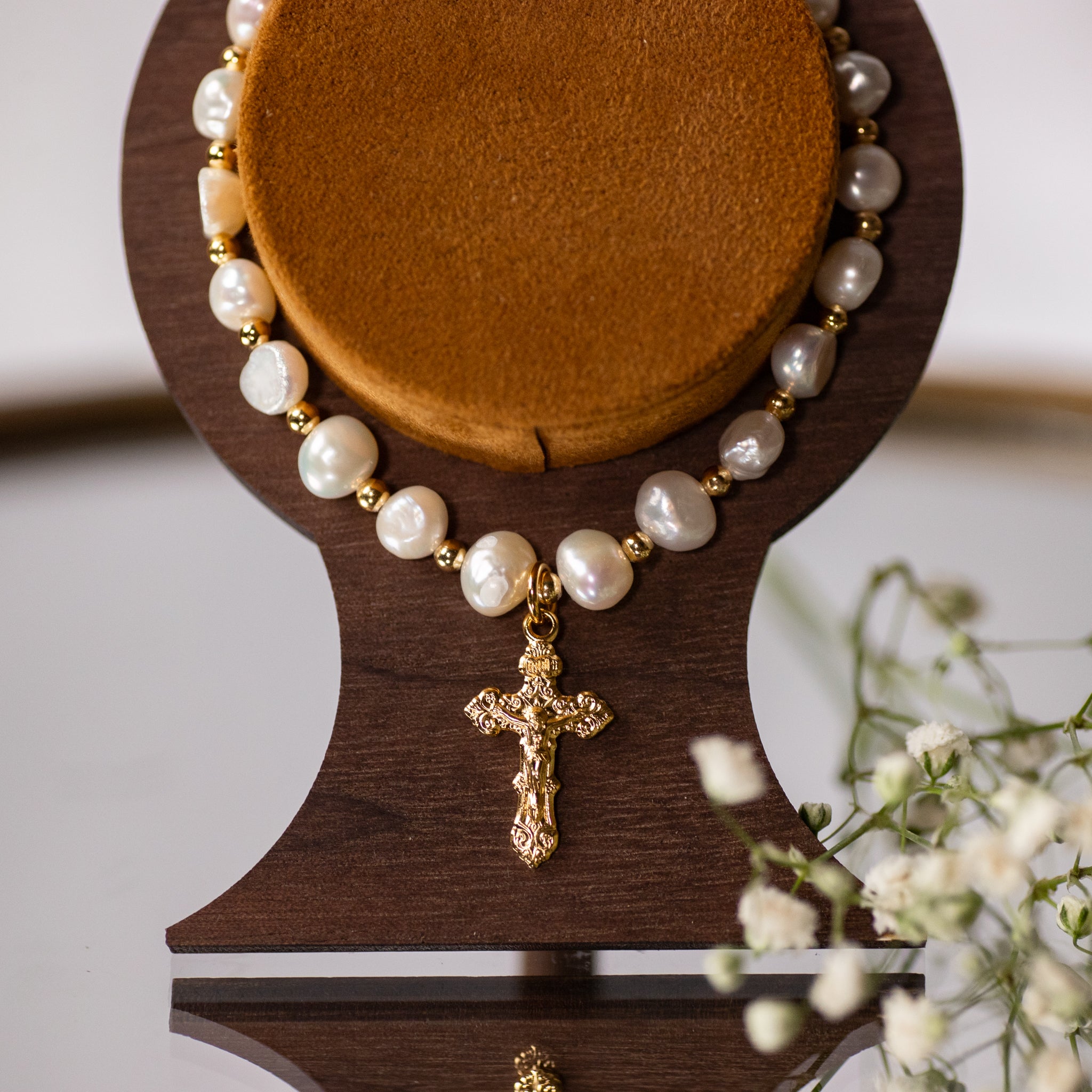 Bracelet - Crucifix - Freshwater Pearl - Gold over SS