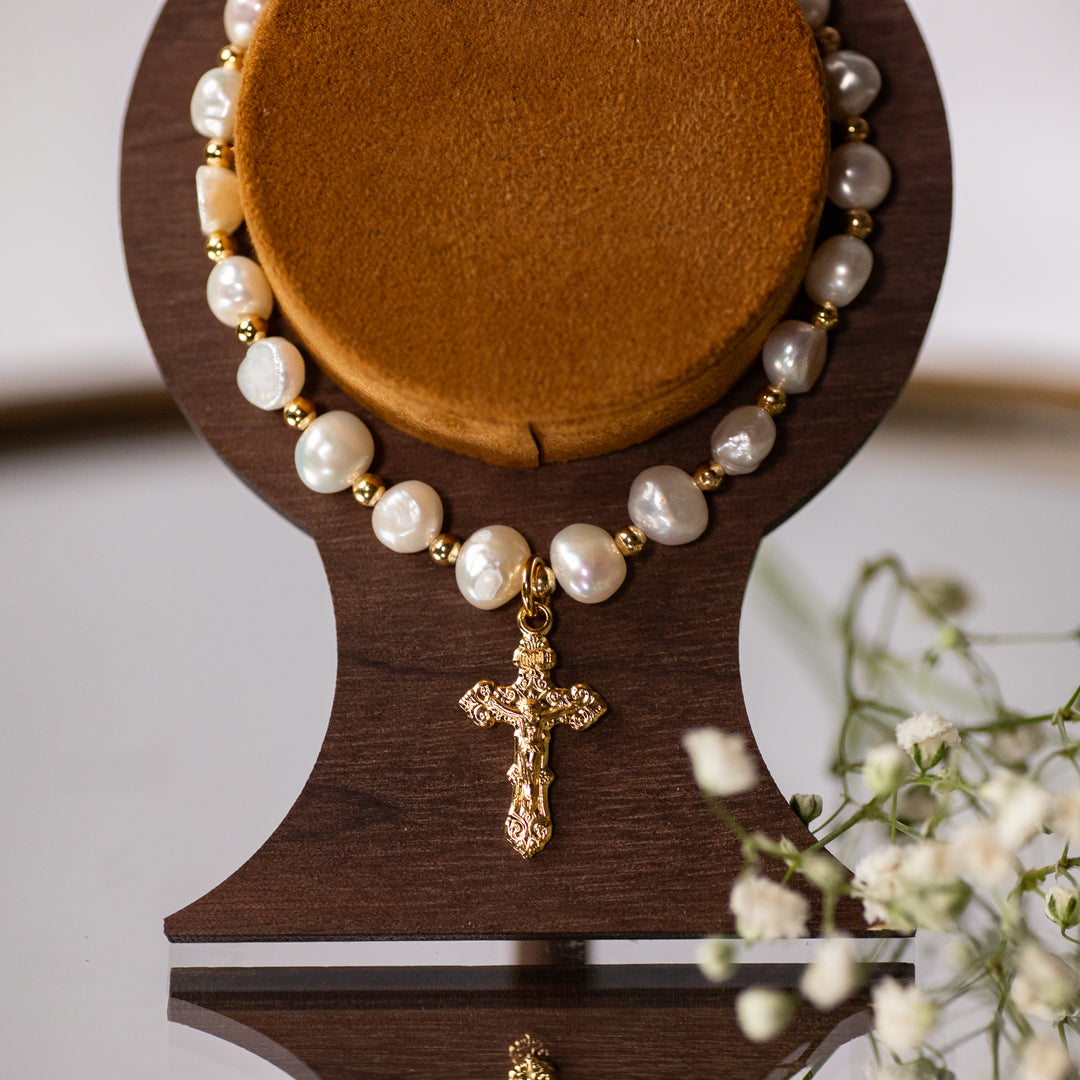 Bracelet - Crucifix - Freshwater Pearl - Gold over SS