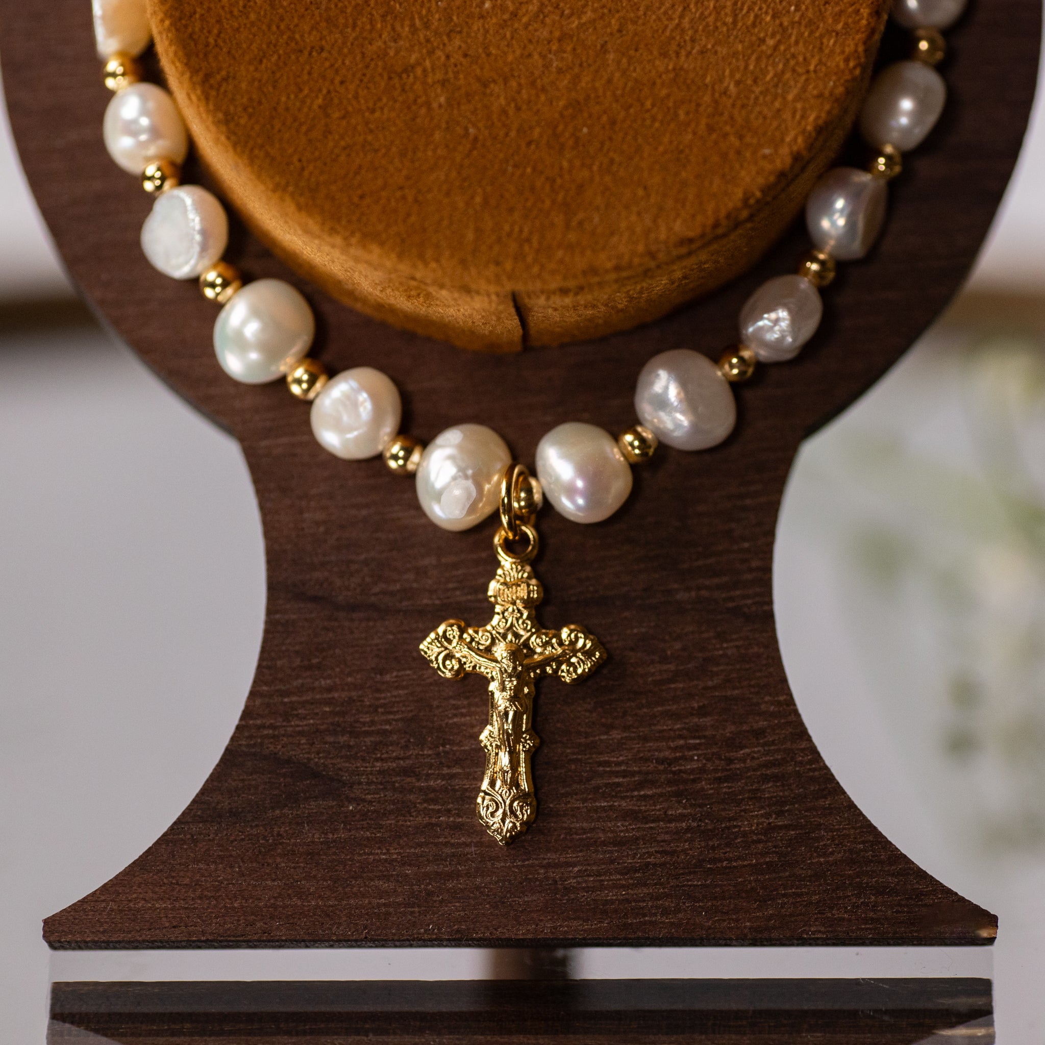 Bracelet - Crucifix - Freshwater Pearl - Gold over SS