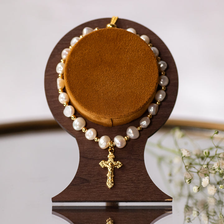 Bracelet - Crucifix - Freshwater Pearl - Gold over SS