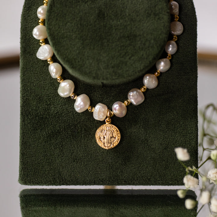 Bracelet - St. Benedict - Freshwater Pearl - Gold over SS