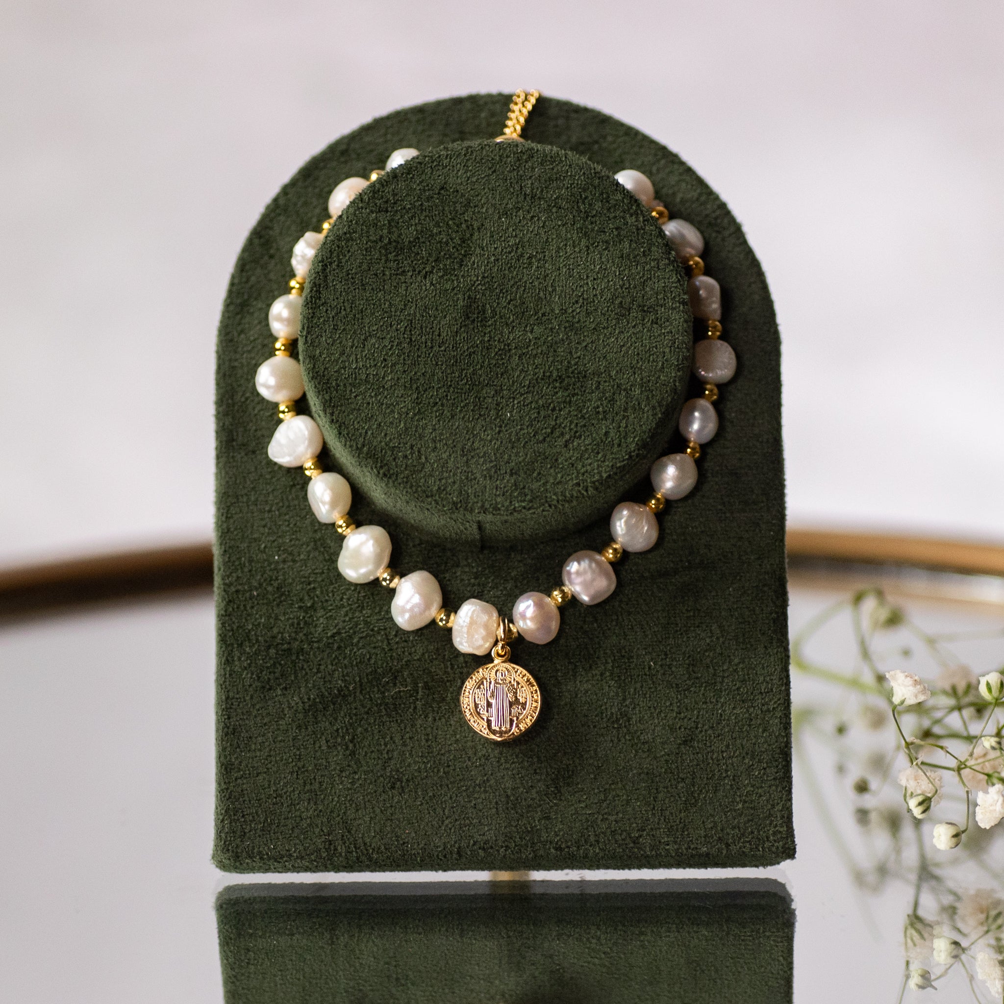 Bracelet - St. Benedict - Freshwater Pearl - Gold over SS