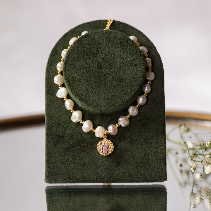 Bracelet - St. Benedict - Freshwater Pearl - Gold over SS
