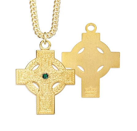 Pendant - Celtic Cross w/ Emerald Center - Gold over Sterling Silver - 24" Chain