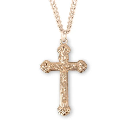 Pendant - Crucifix - 16kt Gold Over SS - Vine and Leaf Pattern - 20" Gold Plated Chain