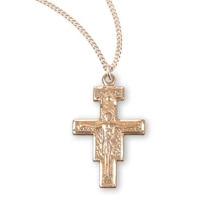 Pendant - San Damiano Crucifix - 16kt Gold Over Sterling Silver - 18" Gold Plated Curb Chain