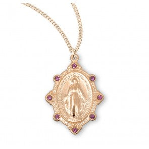 Pendant - Miraculous Medal w/Pink Stones - 16kt Gold Over Sterling - 18"Gold Plated Curb Chain