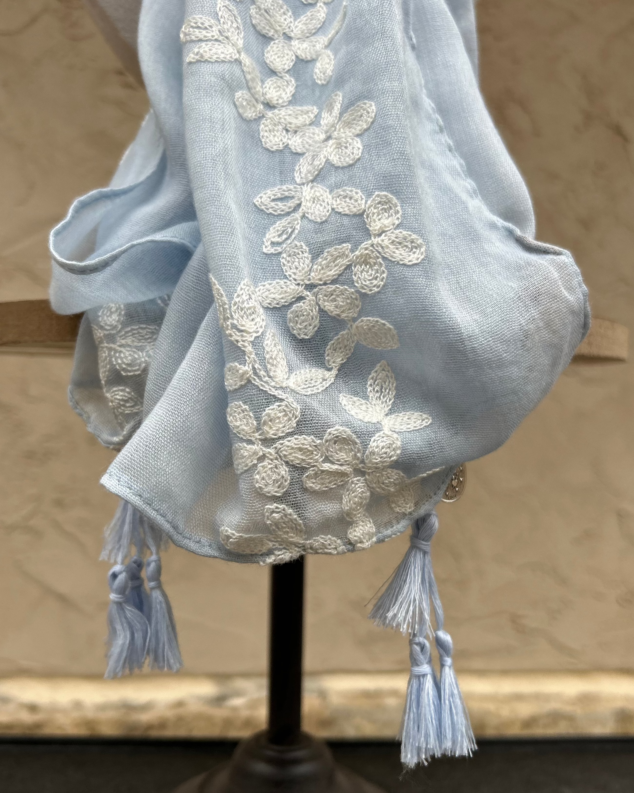 Embroidered Blue Tassel Scarf