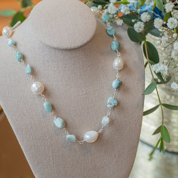Larimar &amp; Pearl Choker/Bracelet