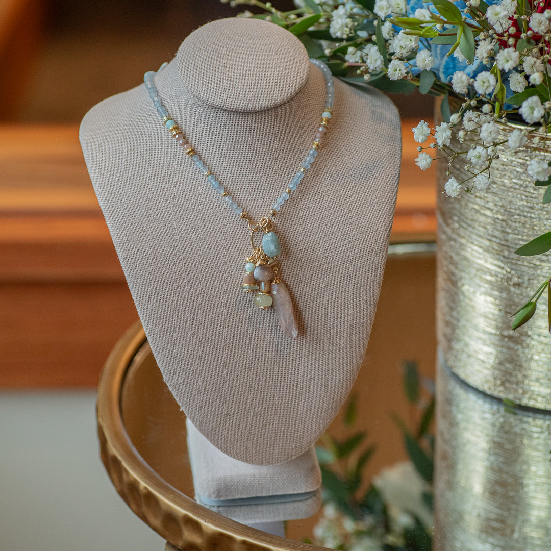 Aquamarine Moonstone Cluster Necklace