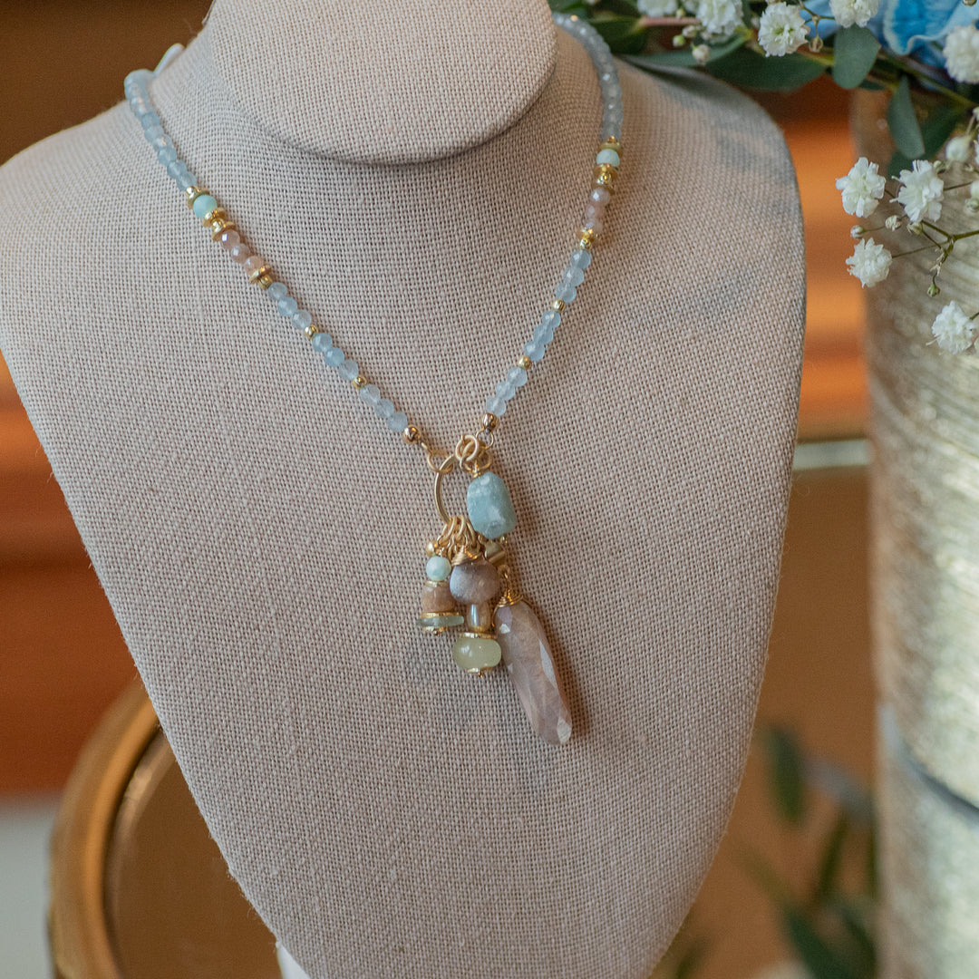 Aquamarine Moonstone Cluster Necklace