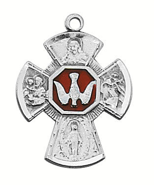 Pendant - 4 Way Cross - Sterling Silver Medal - Red Epoxy - 18" Stainless Steel Chain
