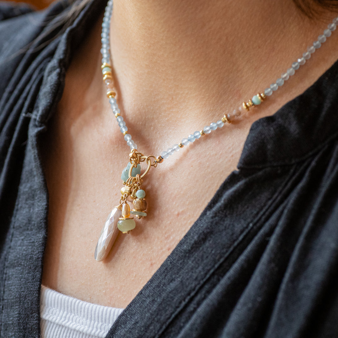 Aquamarine Moonstone Cluster Necklace